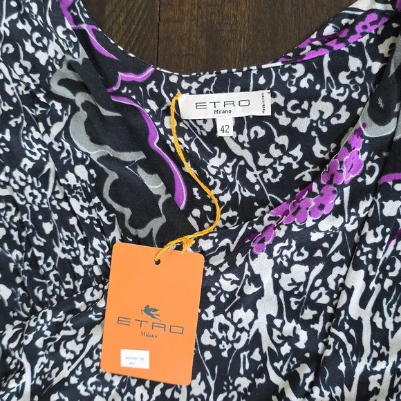 NWT ETRO Milano Floral Print Black Purple Gray Viscose Dress, Size 42 (US 8)